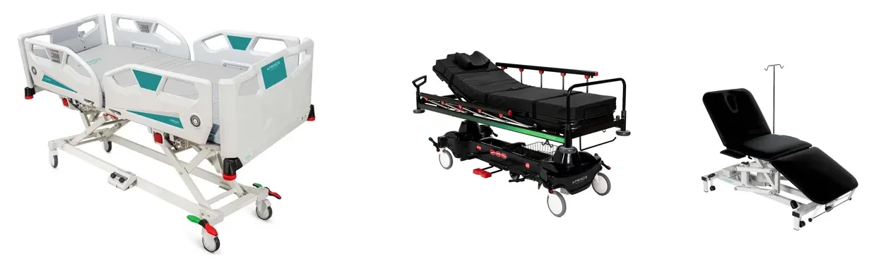 Aprikos Medical furniture: electric ICU bed, emergency stretcher and examination couch