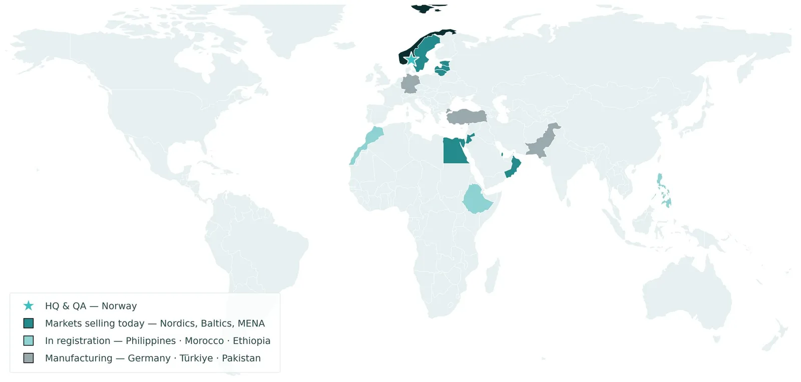 World map of Aprikos markets, expansion markets and manufacturing locations