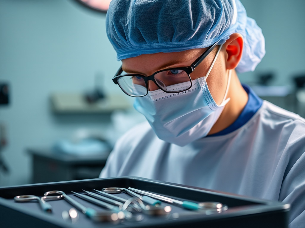 An ent specialist with a face cover looking at surgical instruments